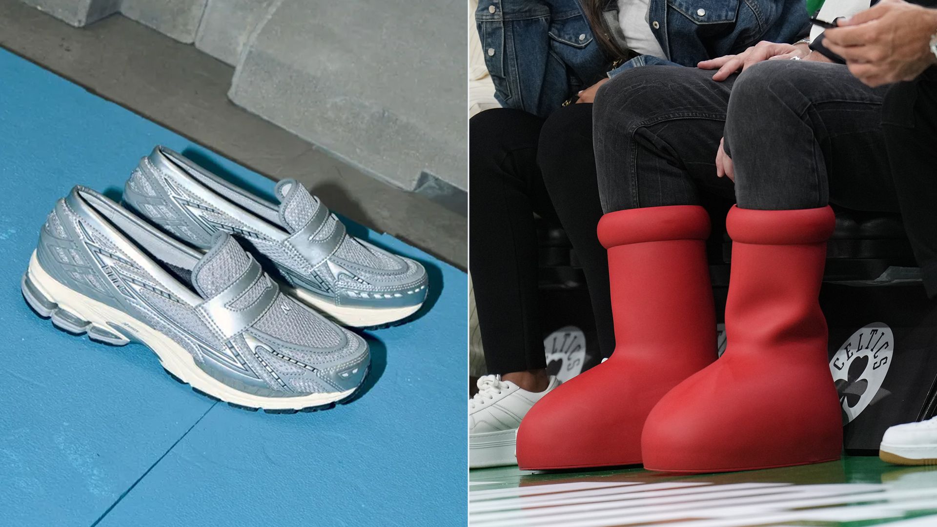 Side-by-side photos of New Balance "snoafers" and the biggest red boots you have ever seen in your life