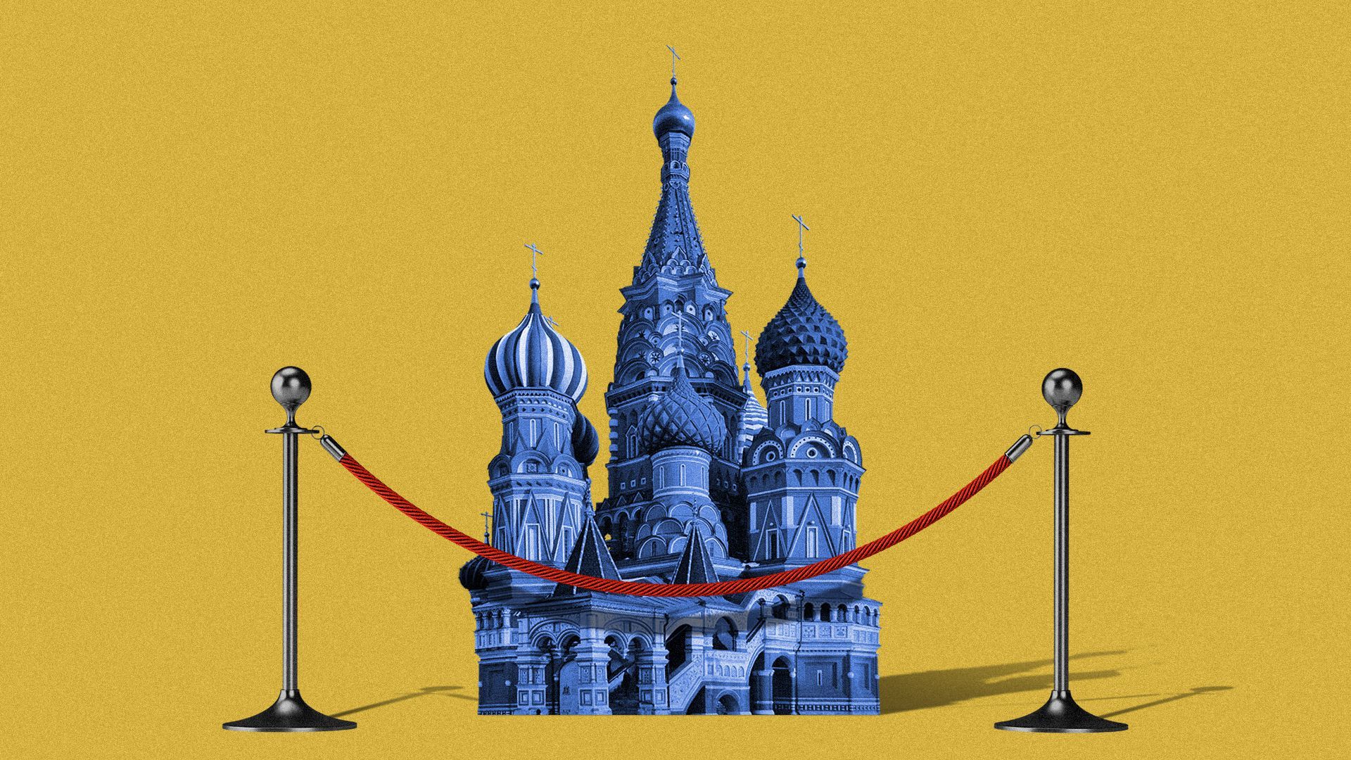Illustration of the Kremlin behind a red velvet rope.