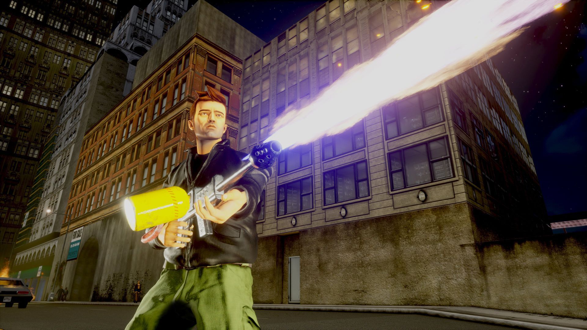 Screencap from an animated video game that shows a person holding a firetorch