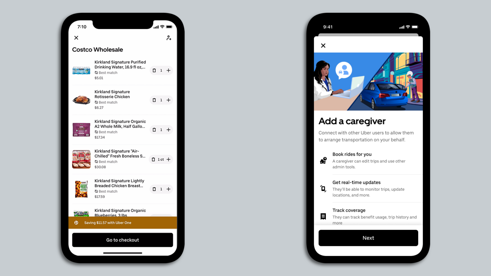 Uber's new features include a Costco delivery service (left) and a feature that lets caregivers schedule rides for elderly parents and others (right). Images courtesy of Uber.