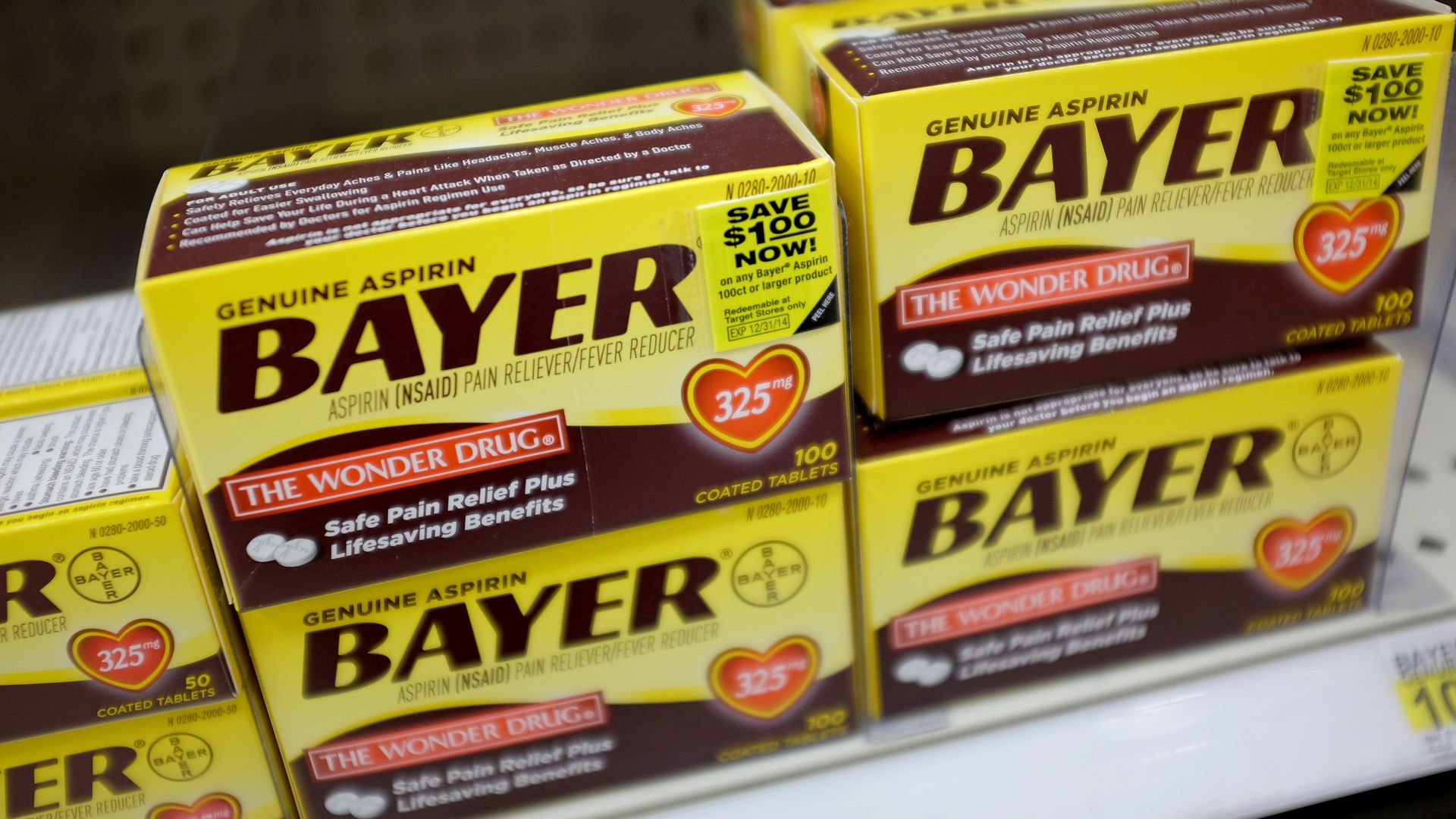Boxes of Bayer painkillers on a shelf 