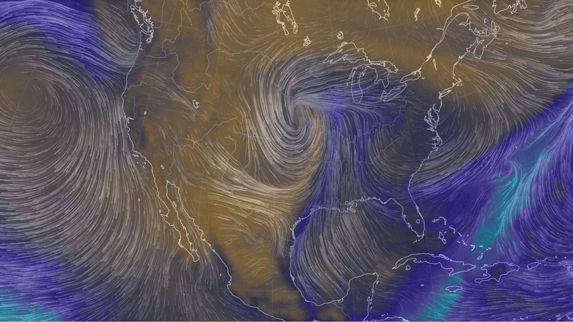 Computer model simulation showing an intense low pressure system in the center of the U.S. late Wednesday.