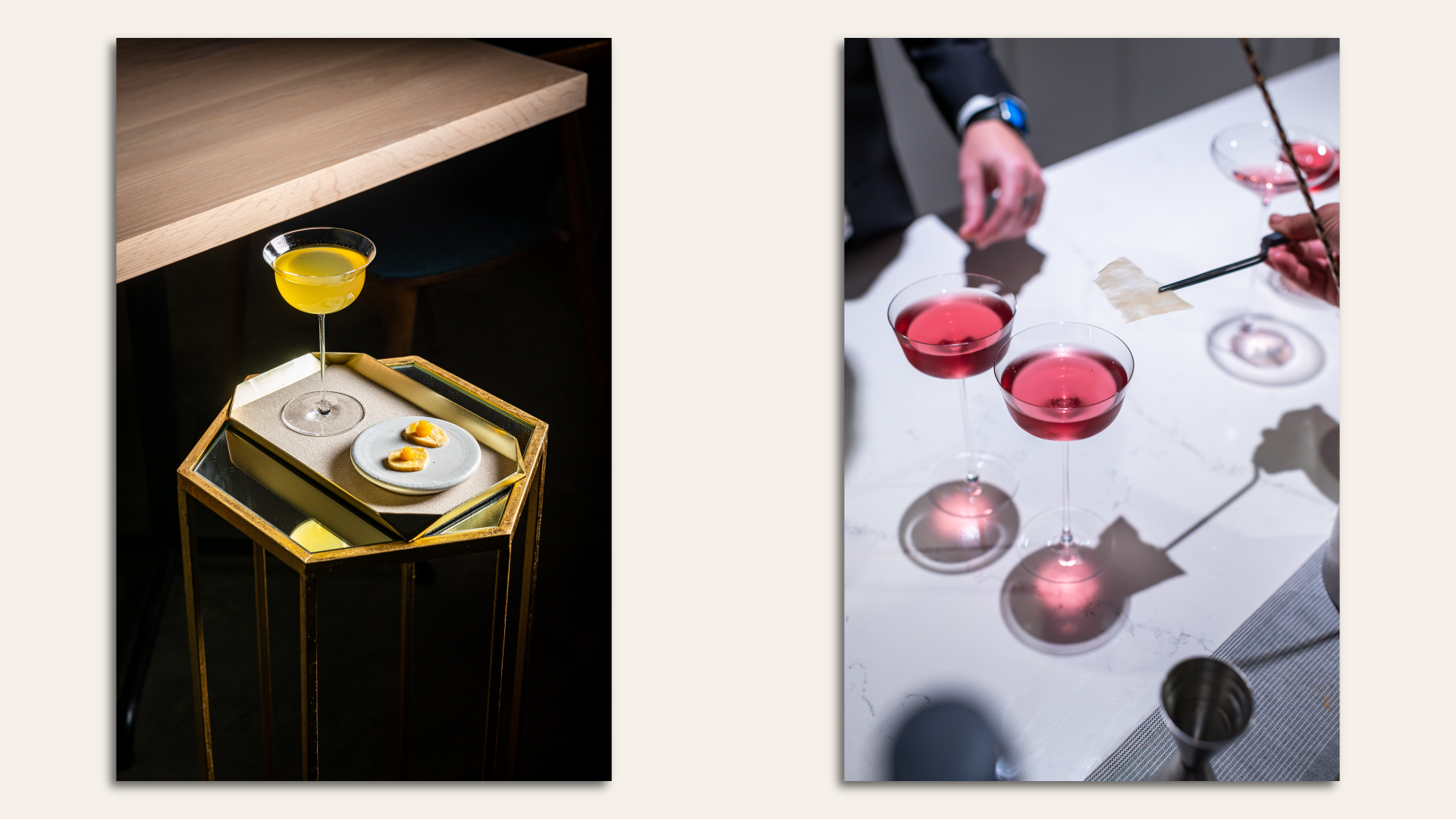 A yellow cocktail on a yellow table (left) and two pink cocktails with a garnish being applied with tweezers