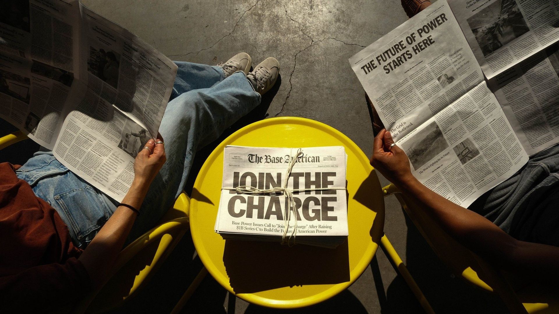 Photo of the front pages of a newspaper advertising Base Power's latest fundraise