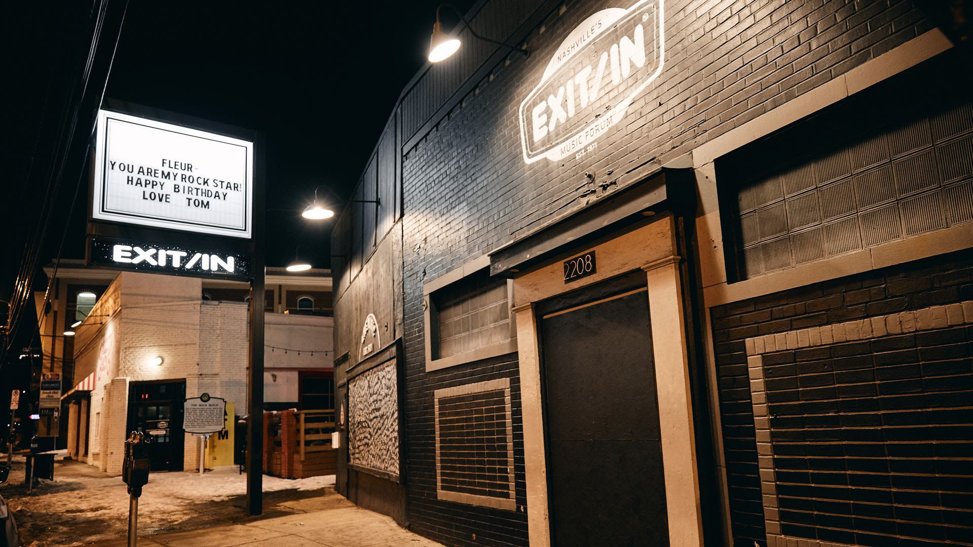 The black and white front exterior of Nashville music venue Exit/In.