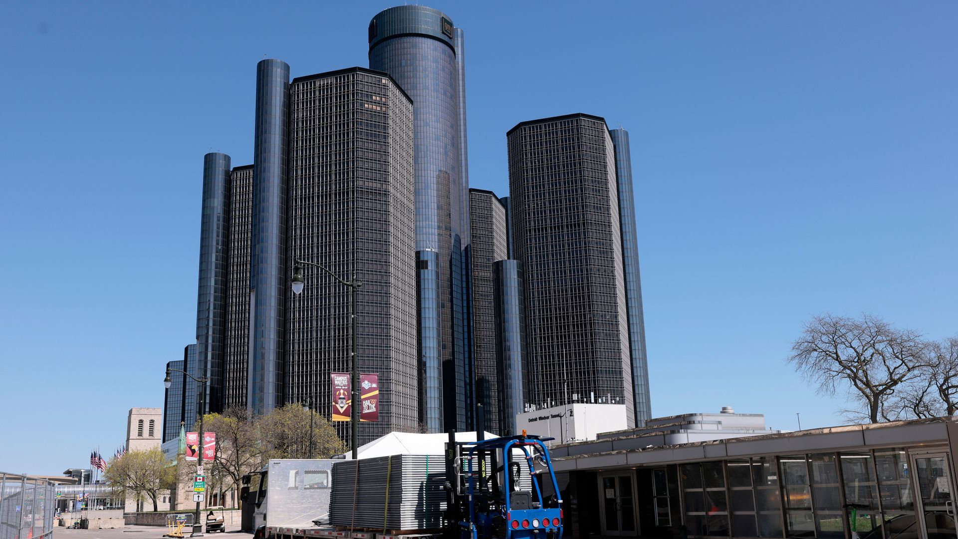 An exterior view of the Renaissance Center. 
