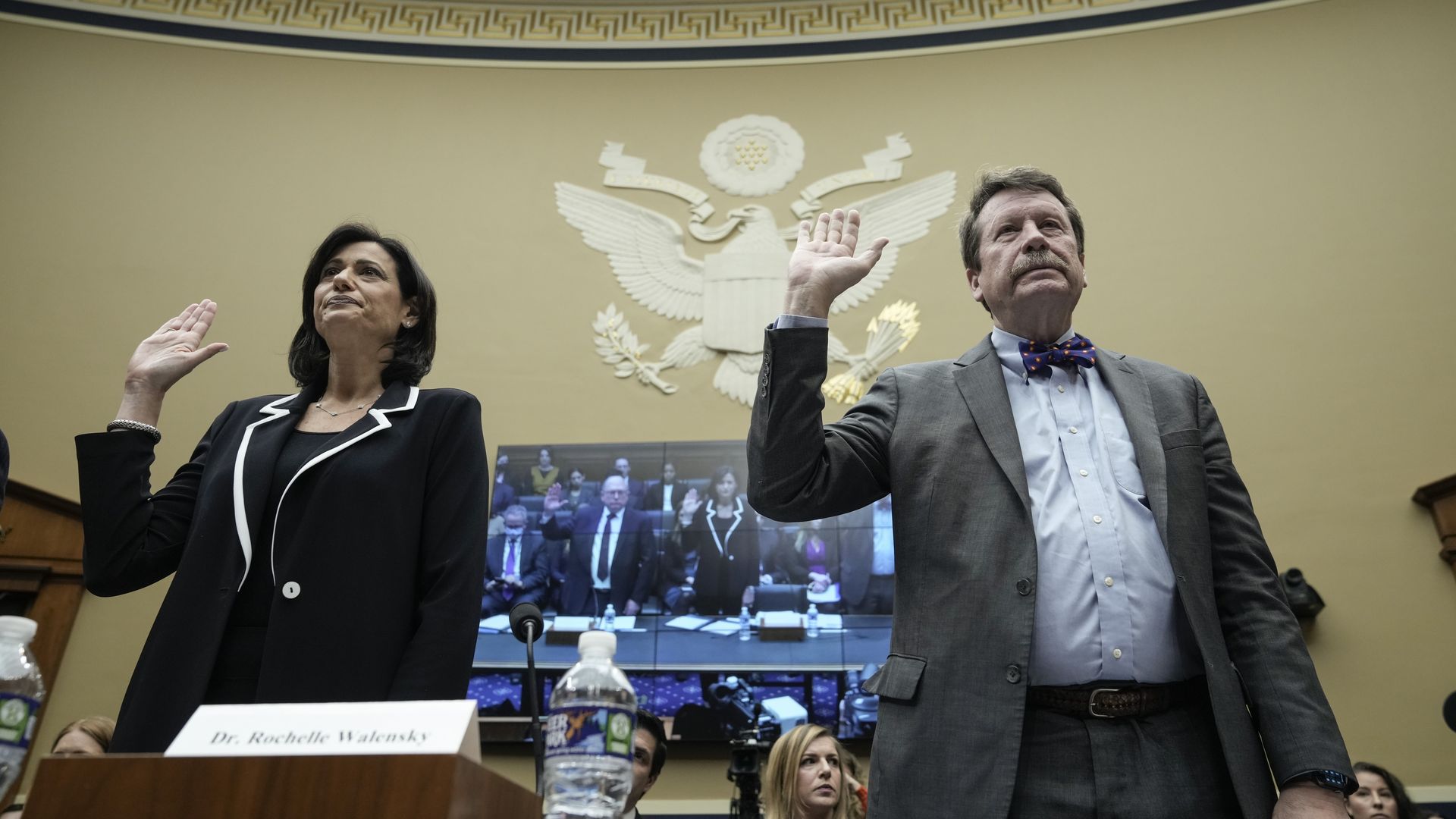 CDC director Rochelle Walensky and Commissioner of the Food and Drug Administration Robert Califf are sworn-in during a hearing