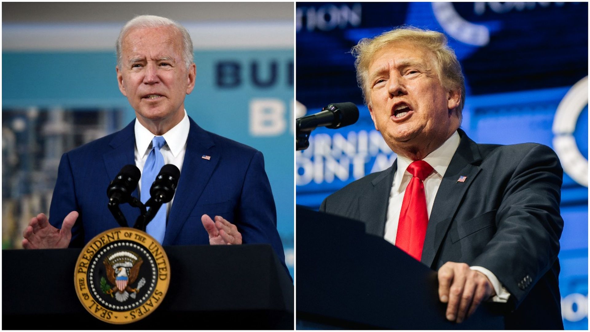 Photo of Joe Biden speaking on the left and Donald Trump speaking on the right