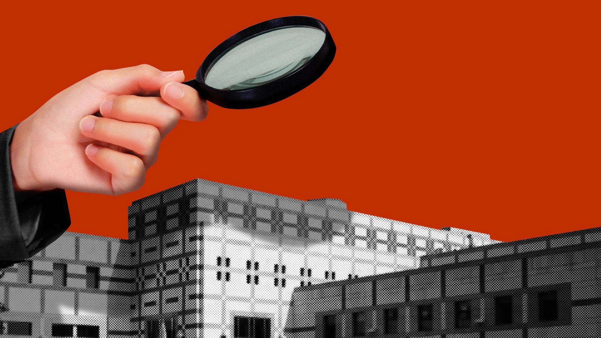 Illustration of a hand holding a magnifying glass over the U.S. Embassy in Sofia, Bulgaria. 