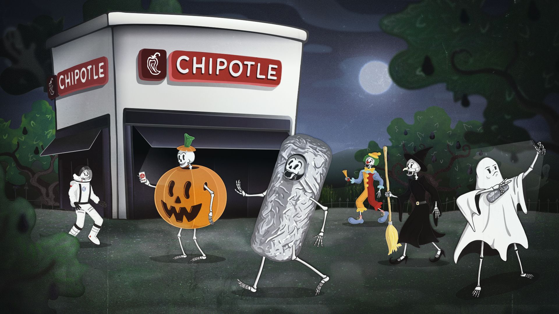 Cartoon Chipotle restaurant with cartoons wearing Halloween costumes
