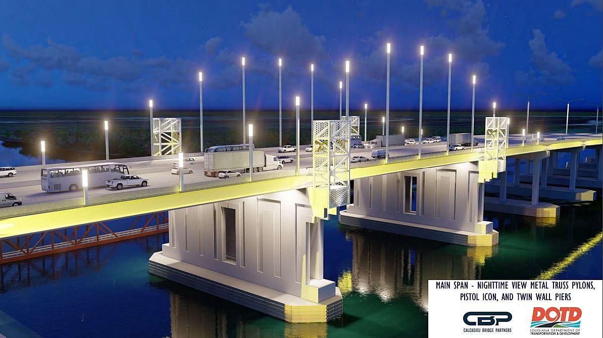 image shows a rendering of the bridge at night
