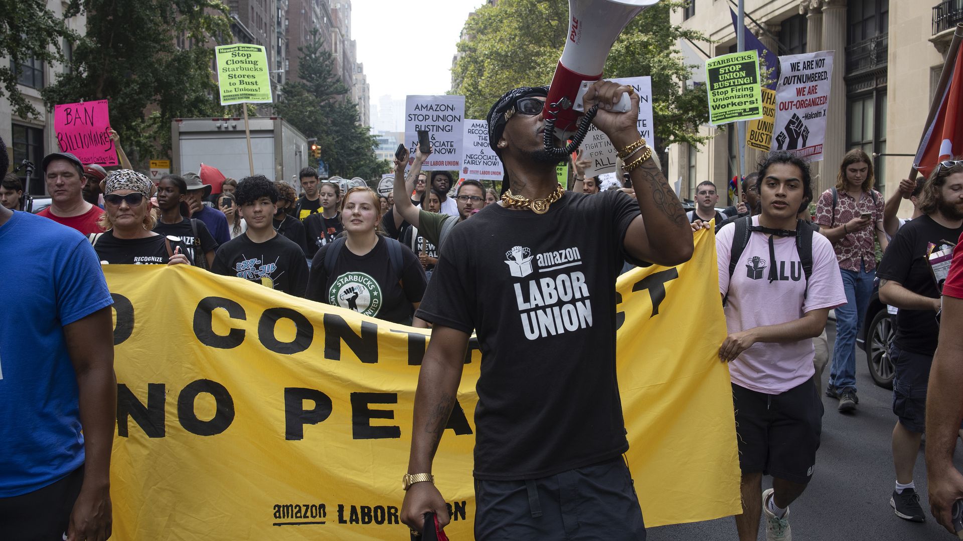 Chris Smalls, a leader of the Amazon Labor Union, leads a march in New York City on Sept. 5.