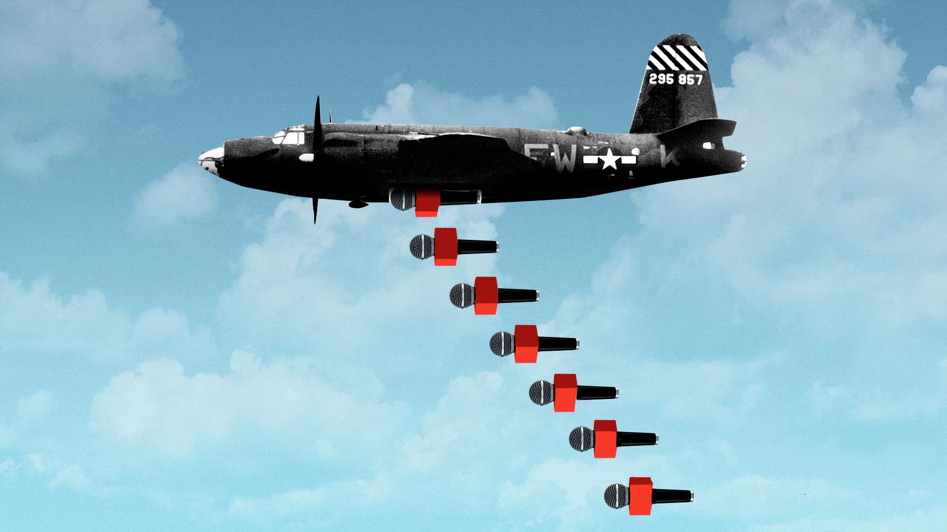Illustration of a bomber plane with TV microphones falling out of the bomb hatch. 