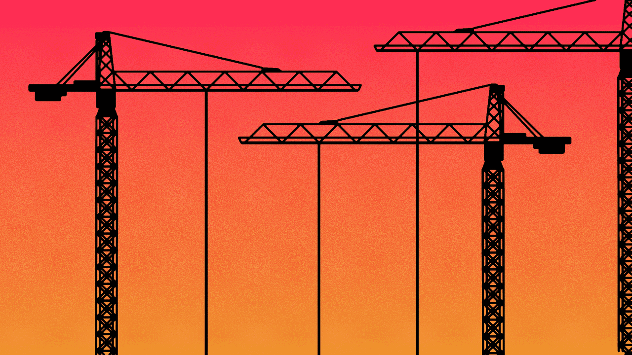 Animated illustration of three cranes raising neon numbers 4, 7 and 9.