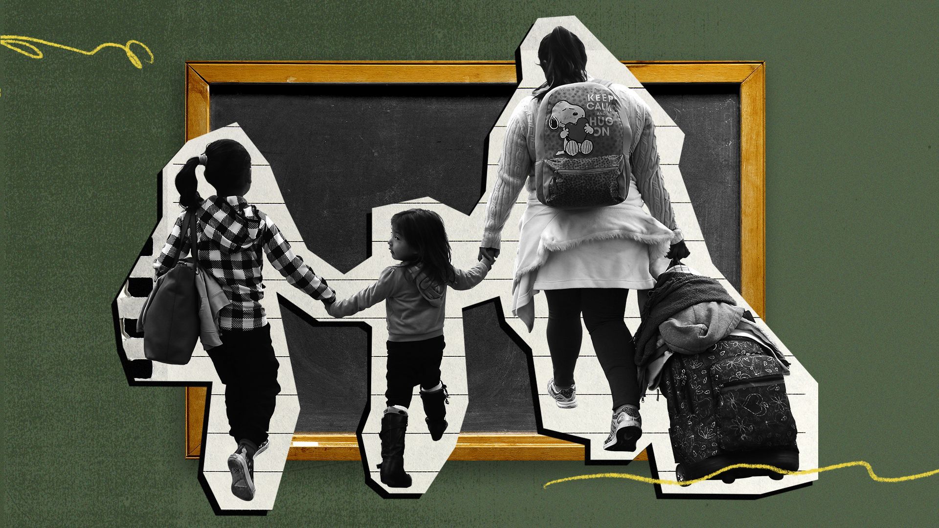 Photo illustration of a collage of a chalkboard, abstract scribbles and family holding hands.
