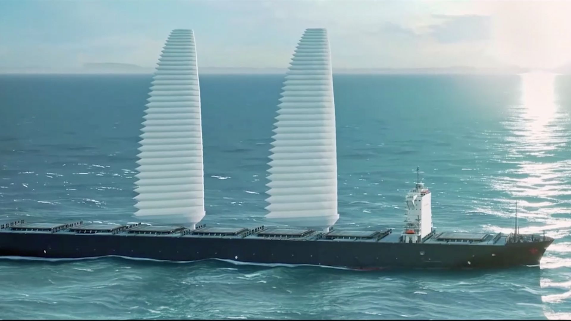 Image of a cargo ship outfitted with Michelin's inflatable sails for greater efficiency. 