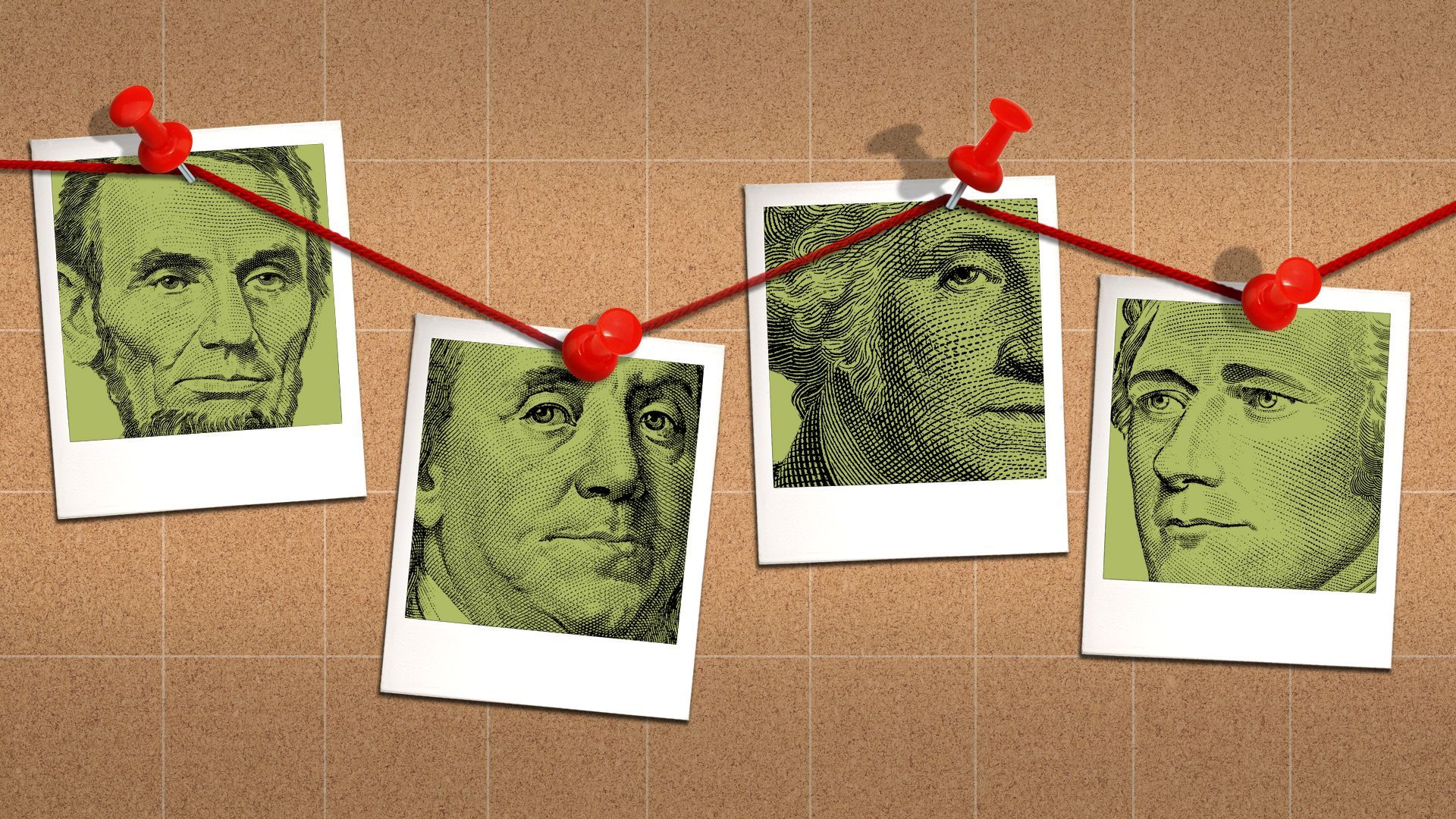 Illustration of a gridded cork board with string in a chart-like configuration featuring photos of American presidents from U.S. currency
