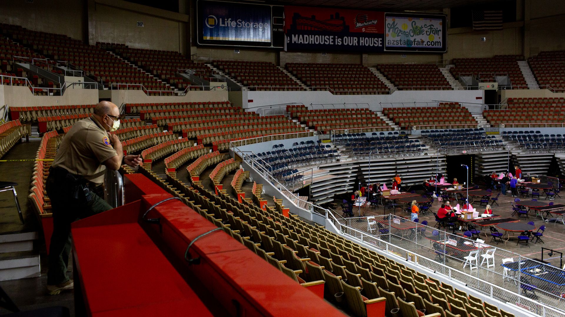 An Arizona Ranger is seen watching an audit of the state's presidential ballots last month.