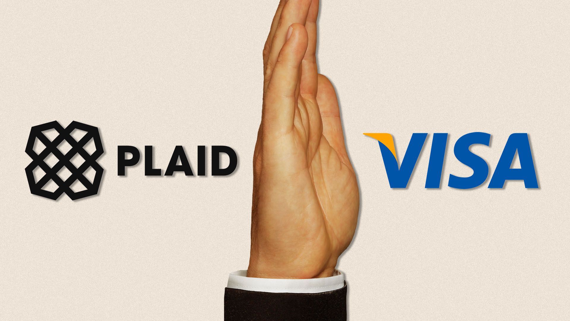 Illustration of a giant hand in a suit between the plaid and visa logos