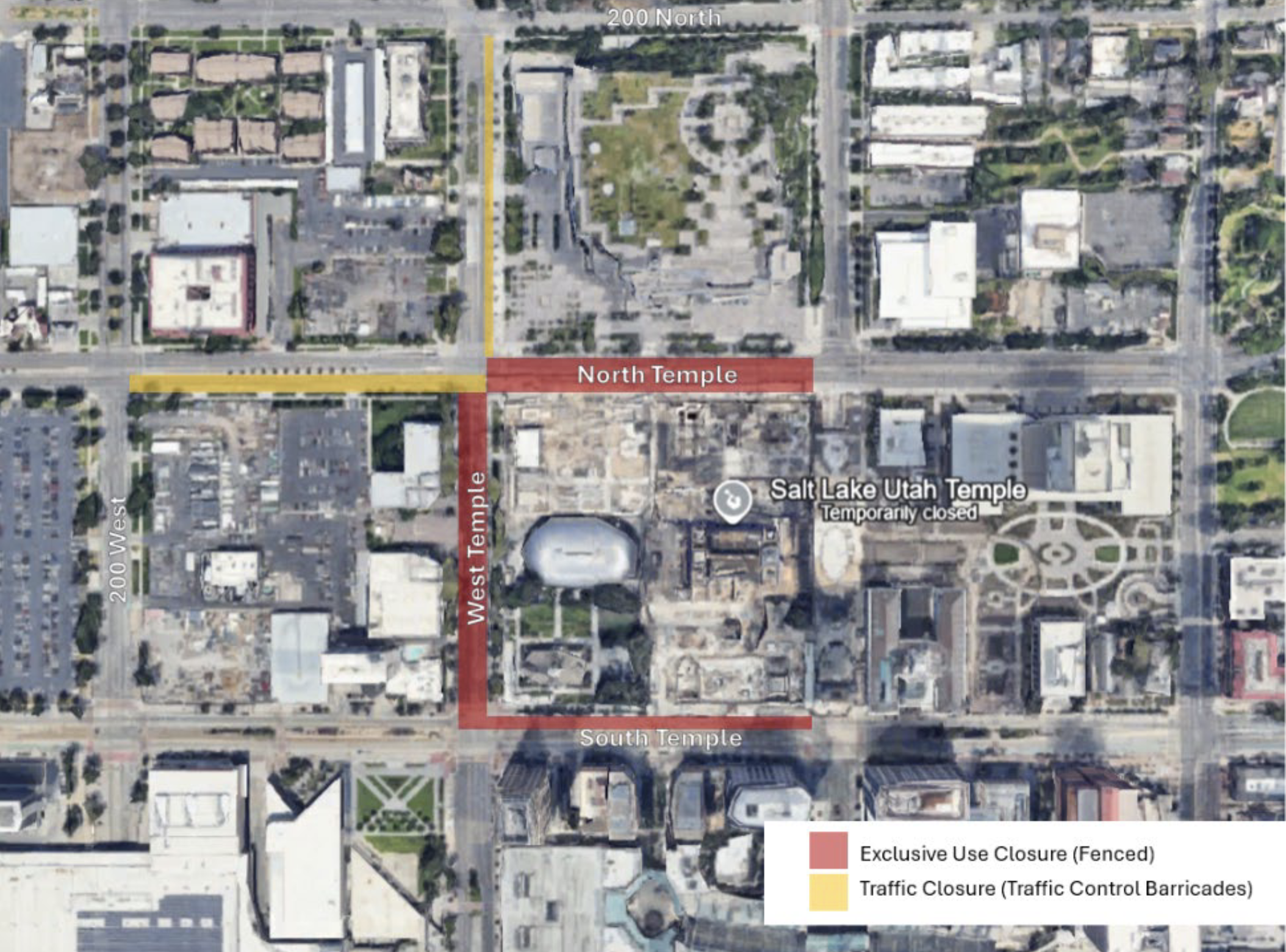A map of Salt Lake City downtown near Temple Square shows road closures marked in red and yellow.