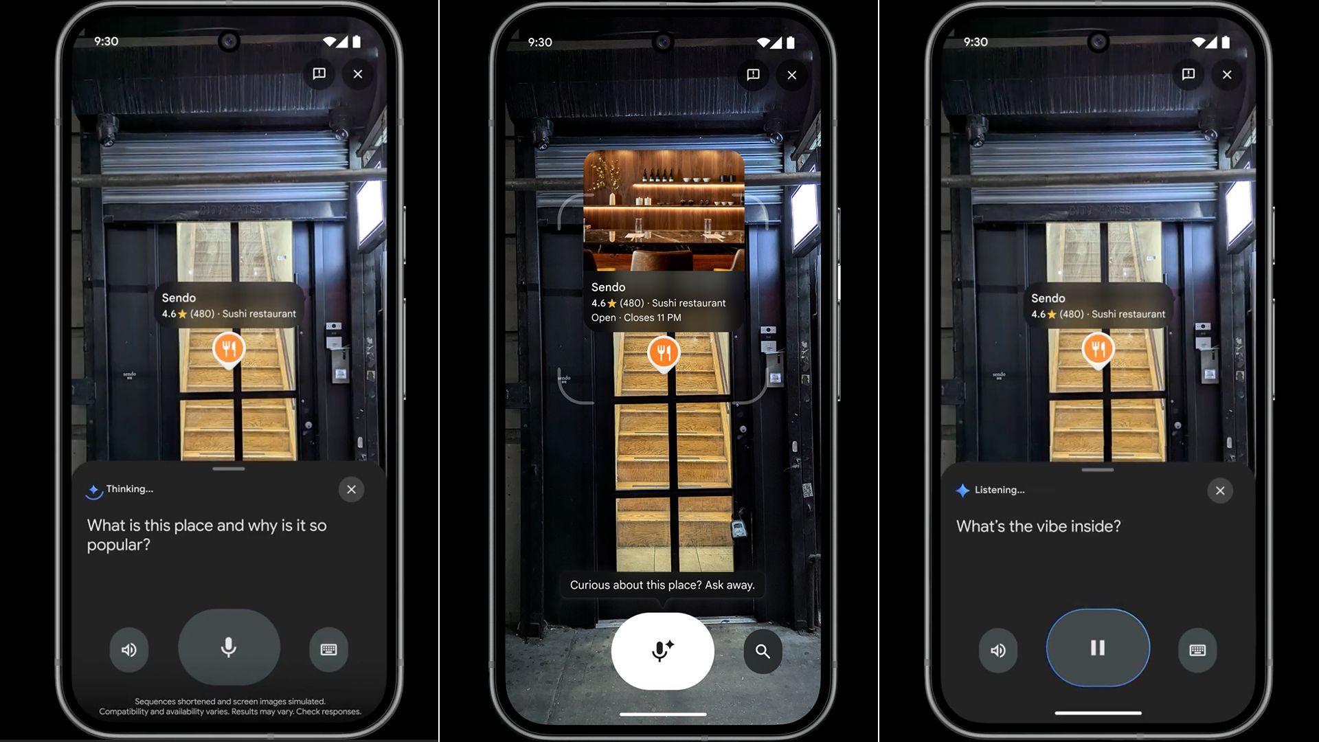 Three smartphones show a sushi restaurant at the top of wooden stairs with a 4.6-star rating. Voice assistant queries about the place's popularity and vibe appear on screen.