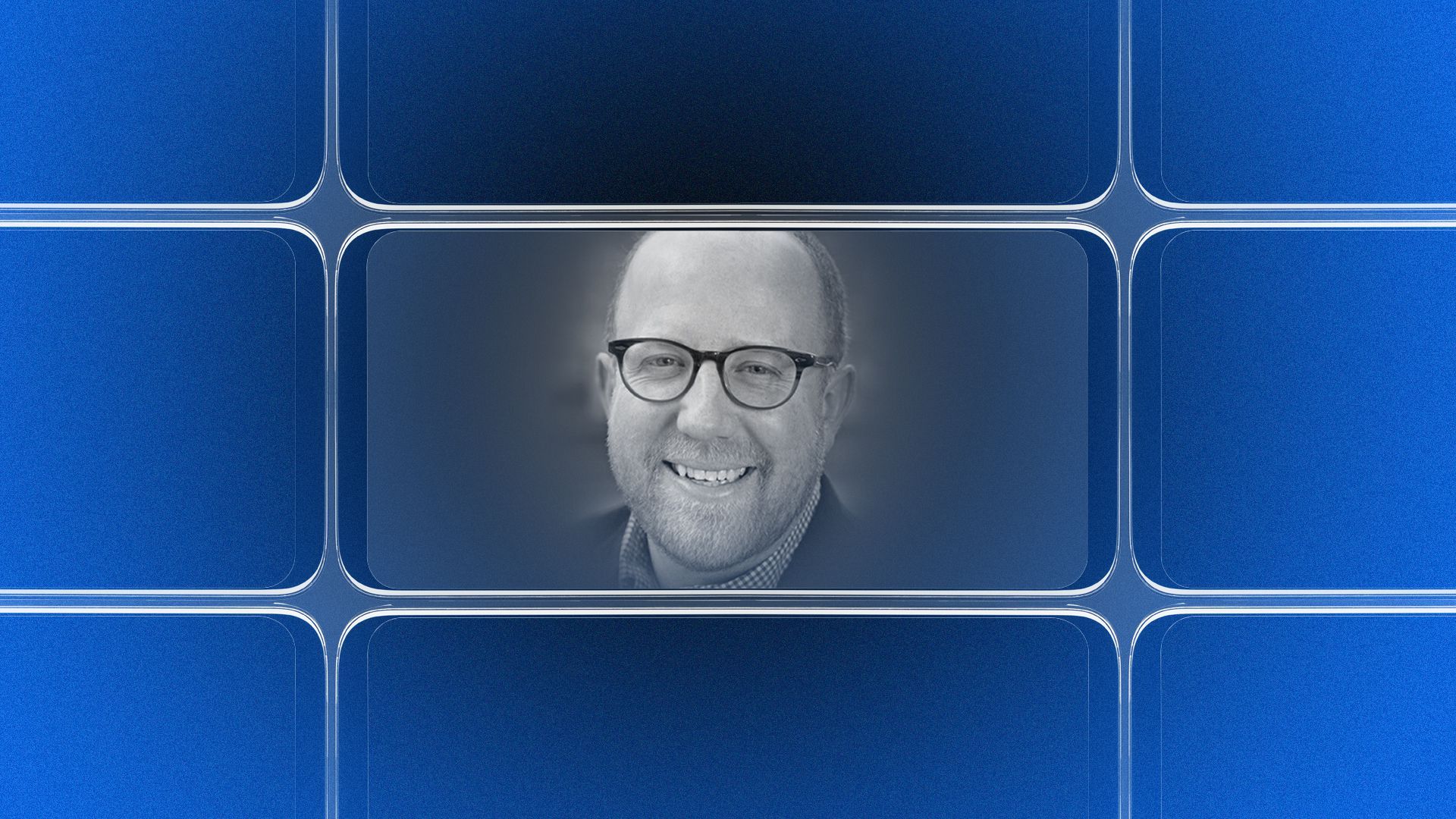 Photo illustration of a grid of smartphone screens, the center one showing an image of Matt Rader.