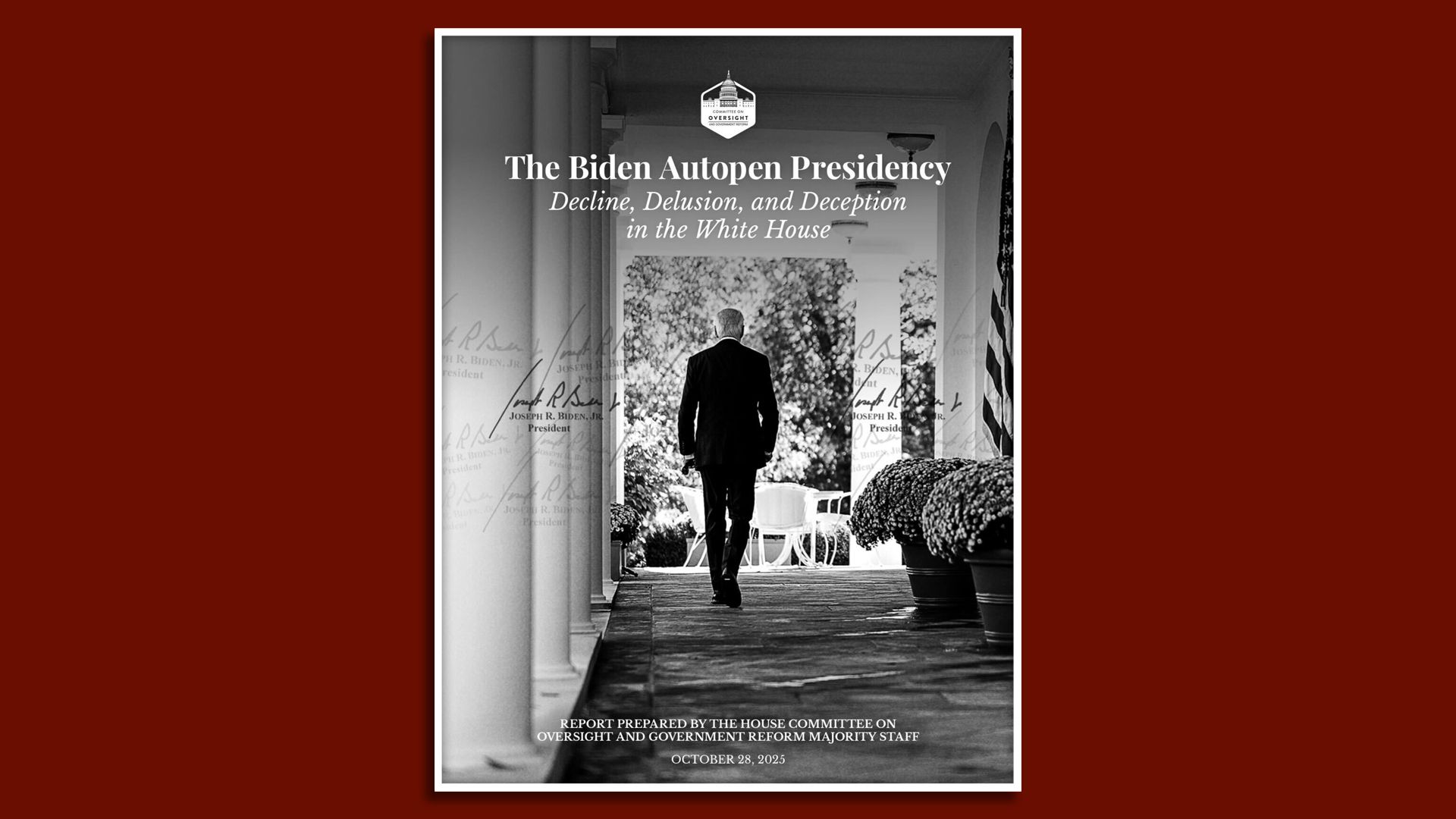 Cover page of House committee report shows then-President Biden walking down a corridor at the White House.