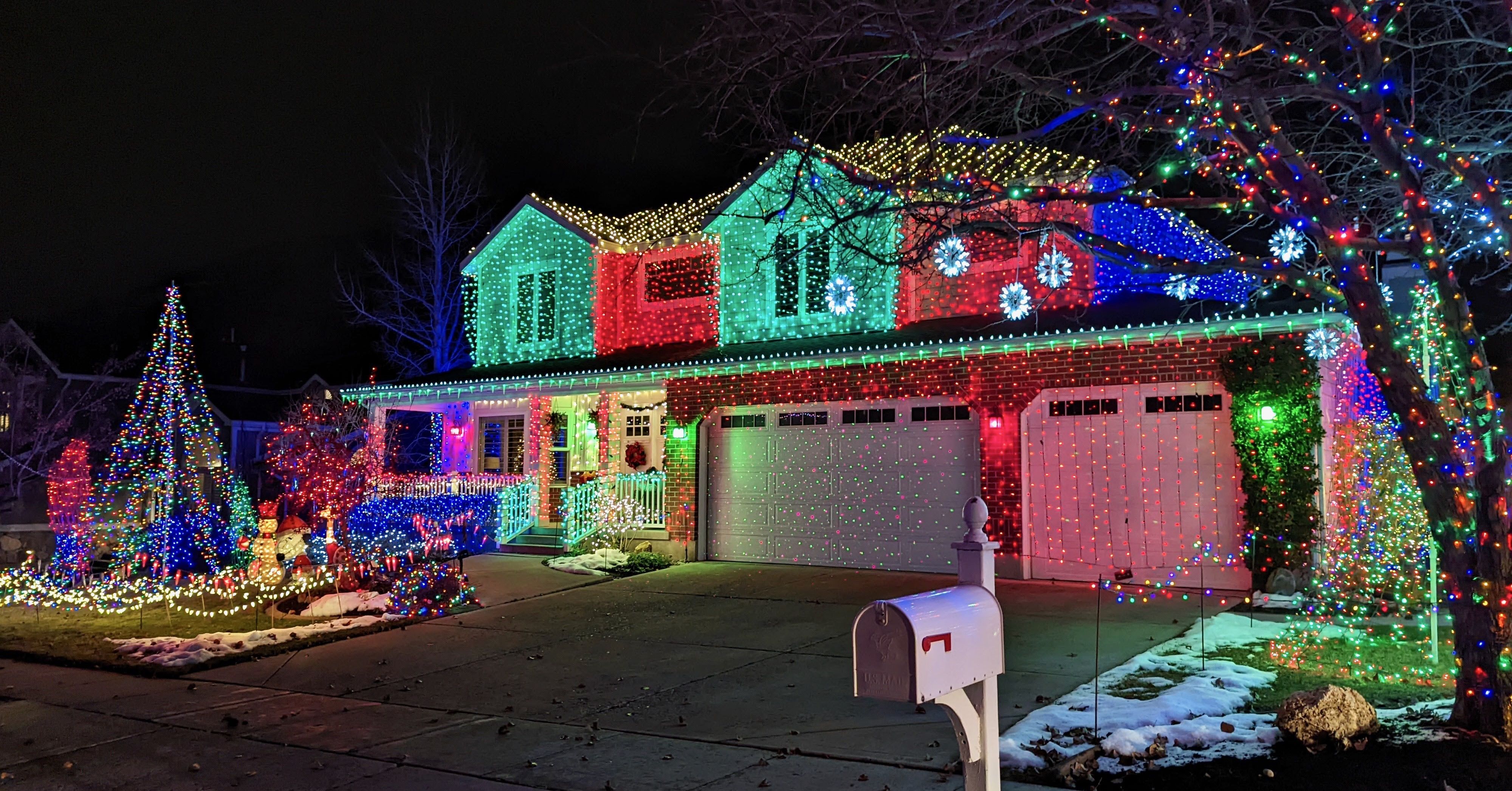 A house covered in Christmas lights.