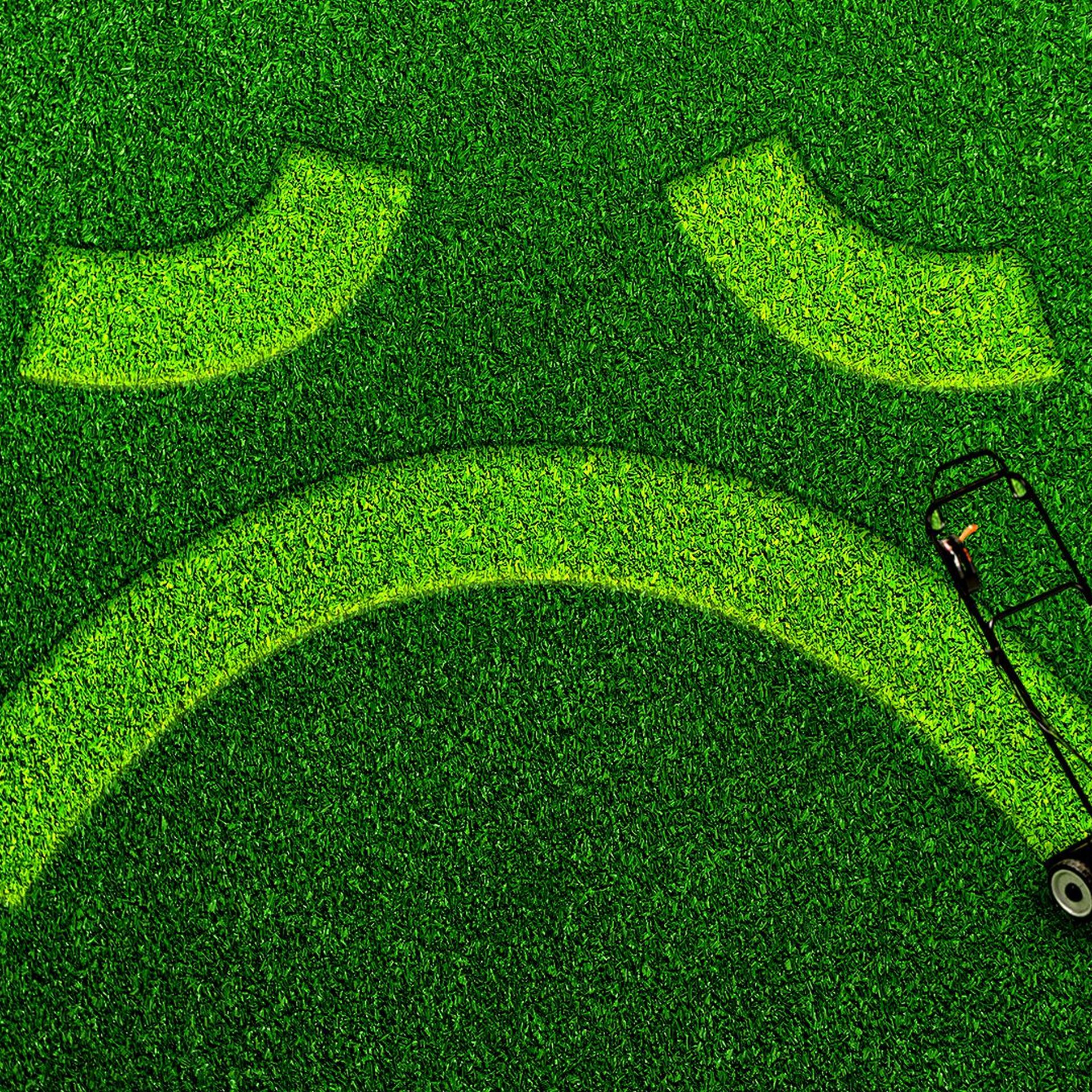 Illustration of a lawn mower next to cut grass forming the shape of a sad face