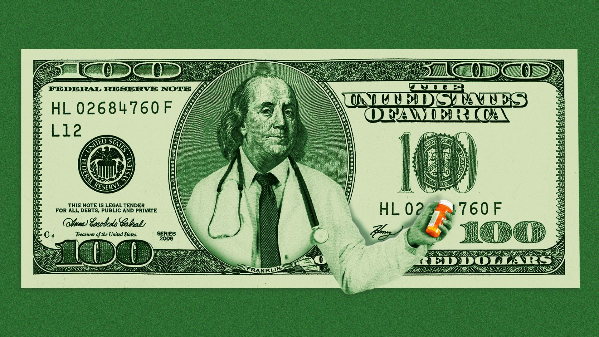 Illustration of a hundred dollar bill with Benjamin Franklin dressed as a doctor and holding a prescription pill bottle.
