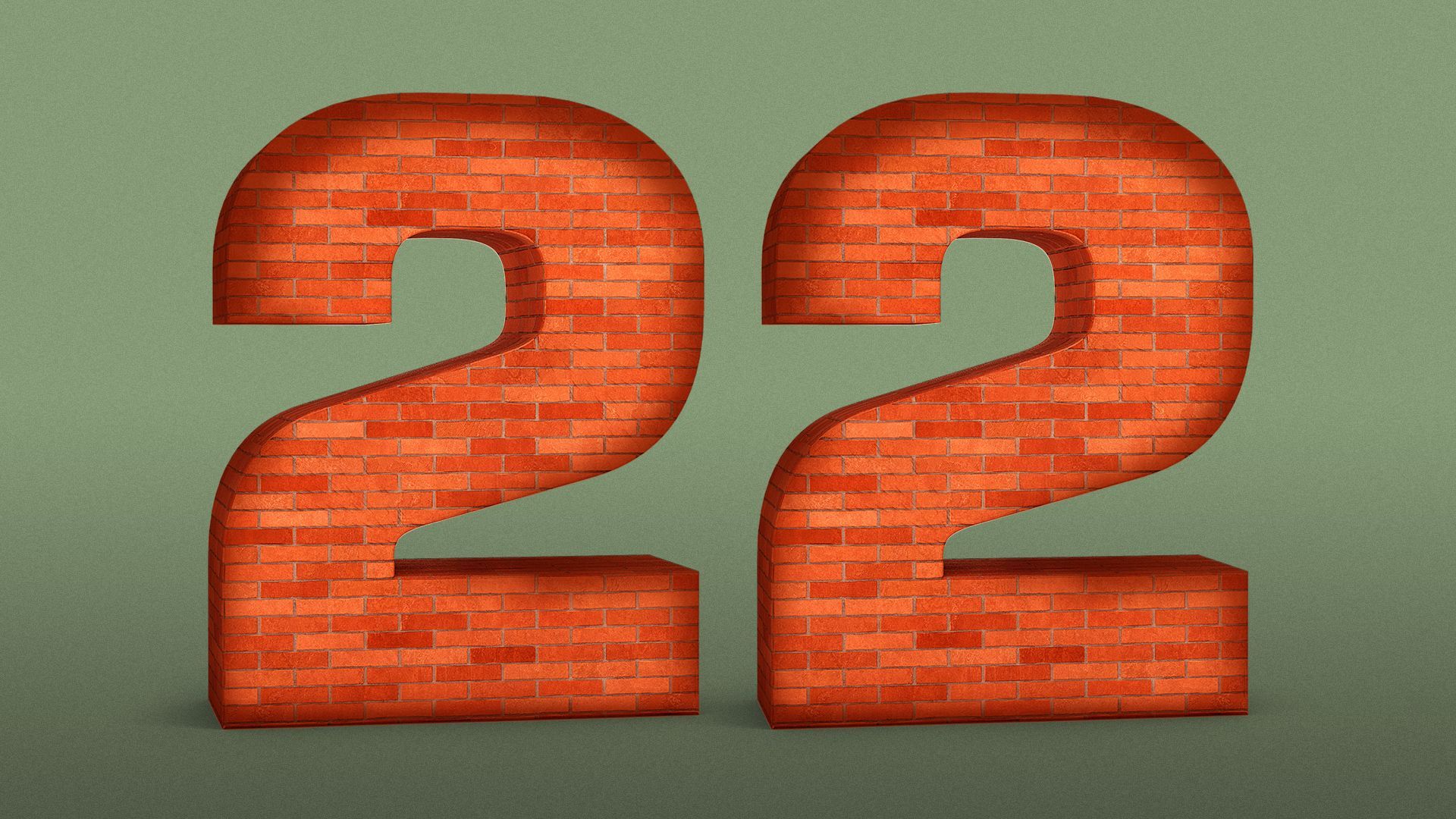 Illustration of the number "22" made out of bricks as if the characters were brick walls. 
