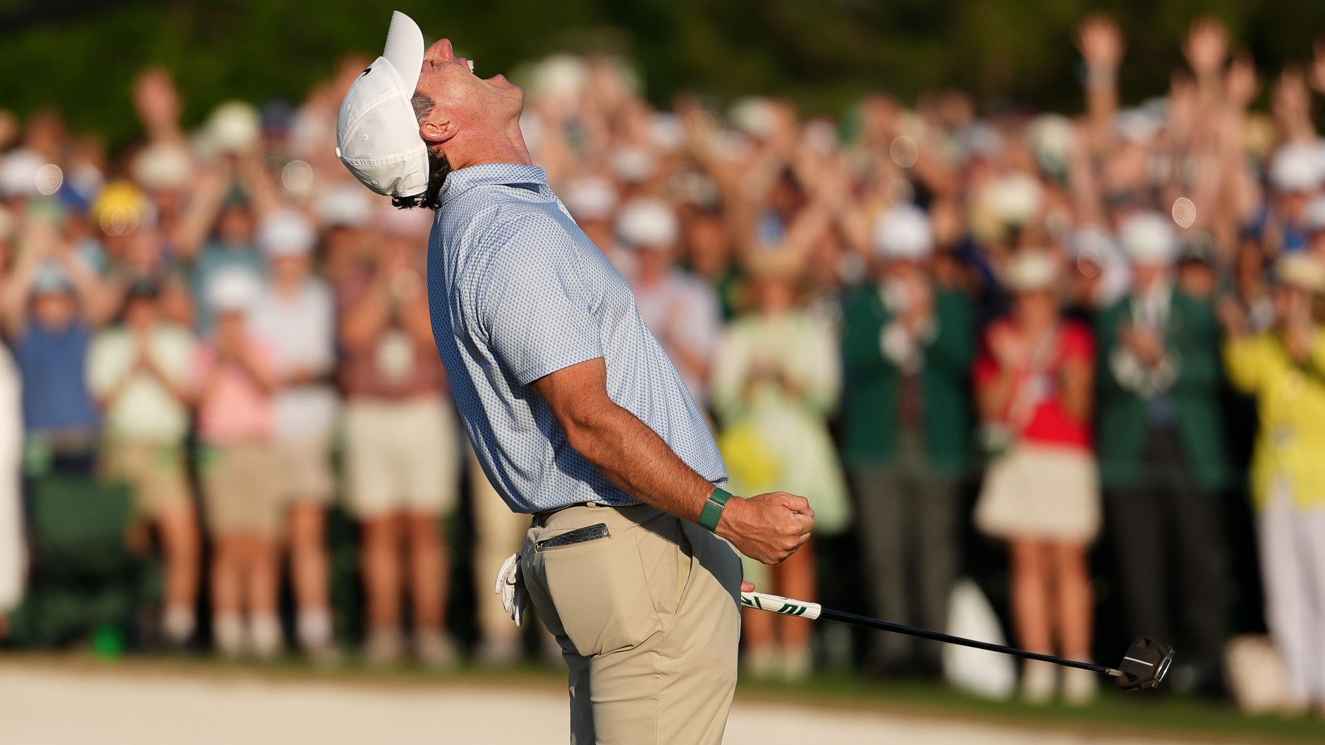 Rory McIlroy of Northern Ireland reacts to making the winning putt, on the 18th green, during the final round of the Masters Tournament at Augusta National Golf Club on April 12, 2026 in Augusta, Georgia. 
