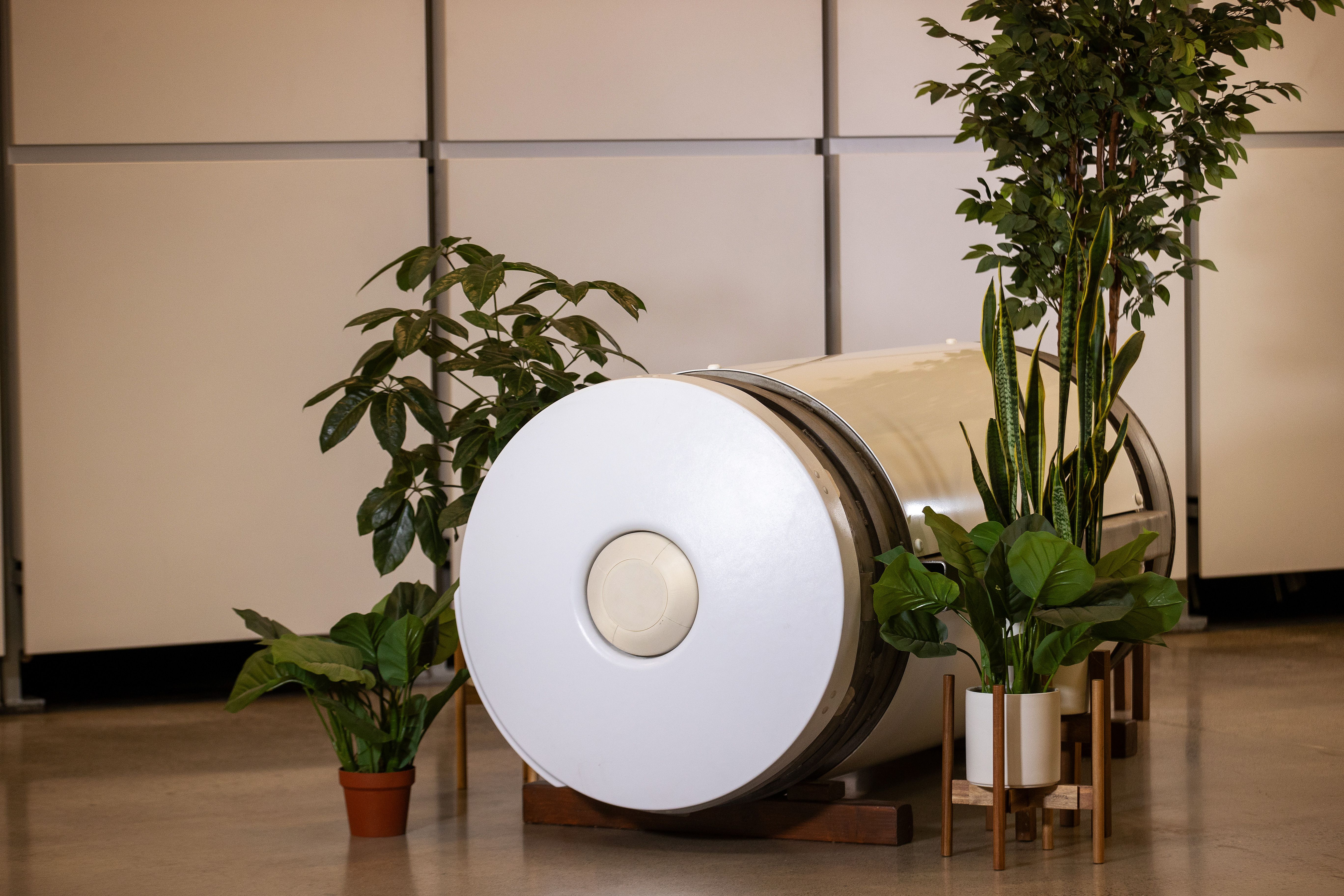 A modern indoor scene with a large circular white machine (likely a medical scanner) surrounded by green potted plants; beige paneled walls and warm lighting.
