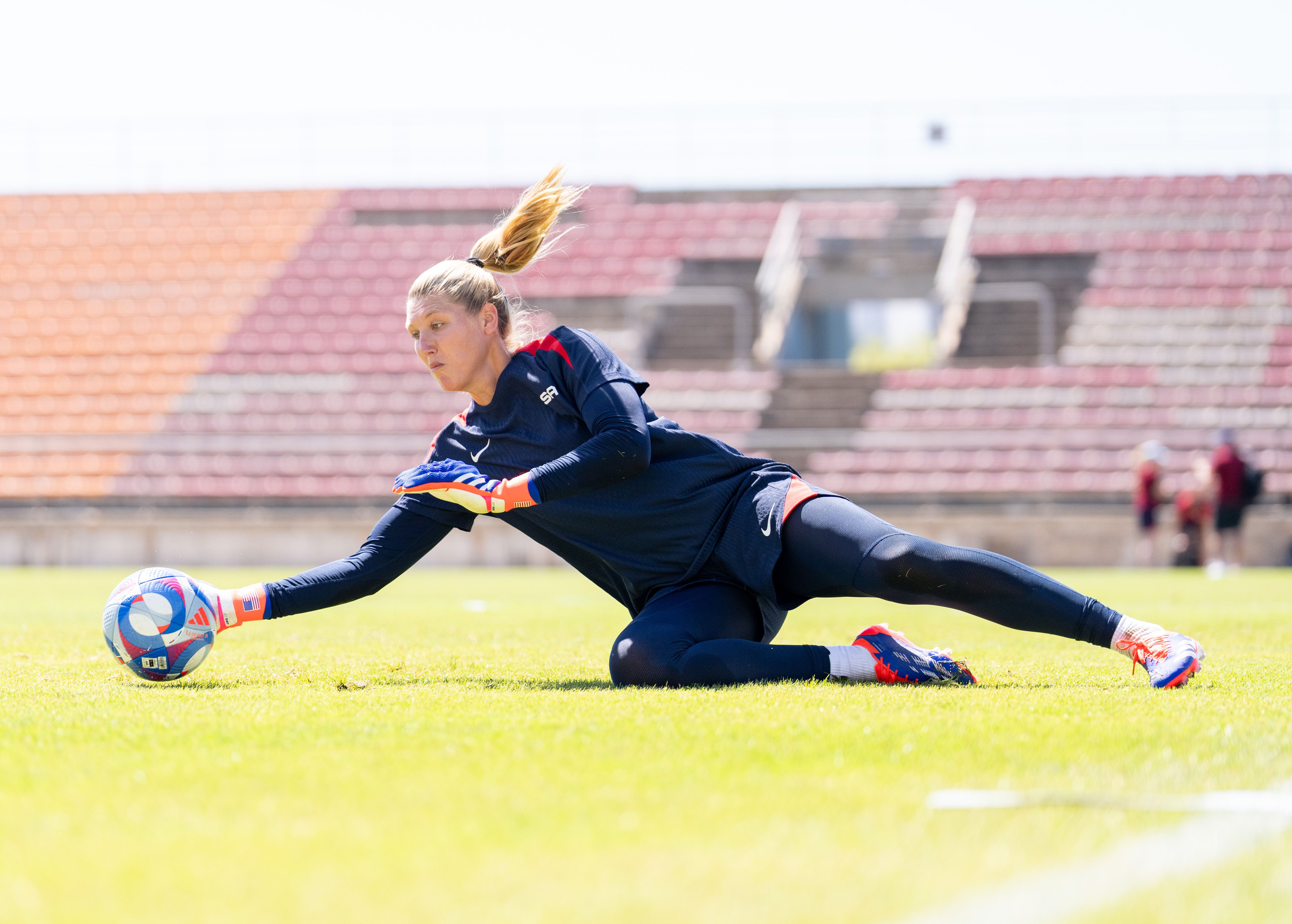 Casey Murphy of the United States saves a shot during USWNT training at the practice fields on July 23, 2024 in Marseille, France. (Photo by Brad Smith/ISI/Getty Images).