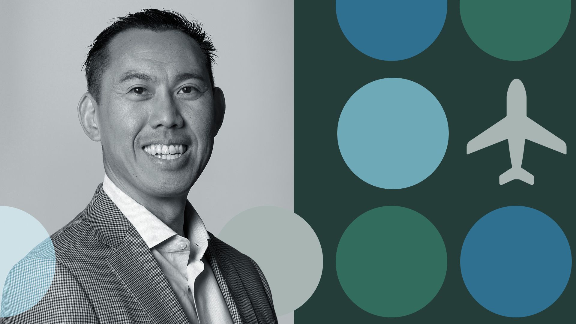 illustration of Andrew Chang of United Airlines Ventures surrounded by circles and graphics of an airplane