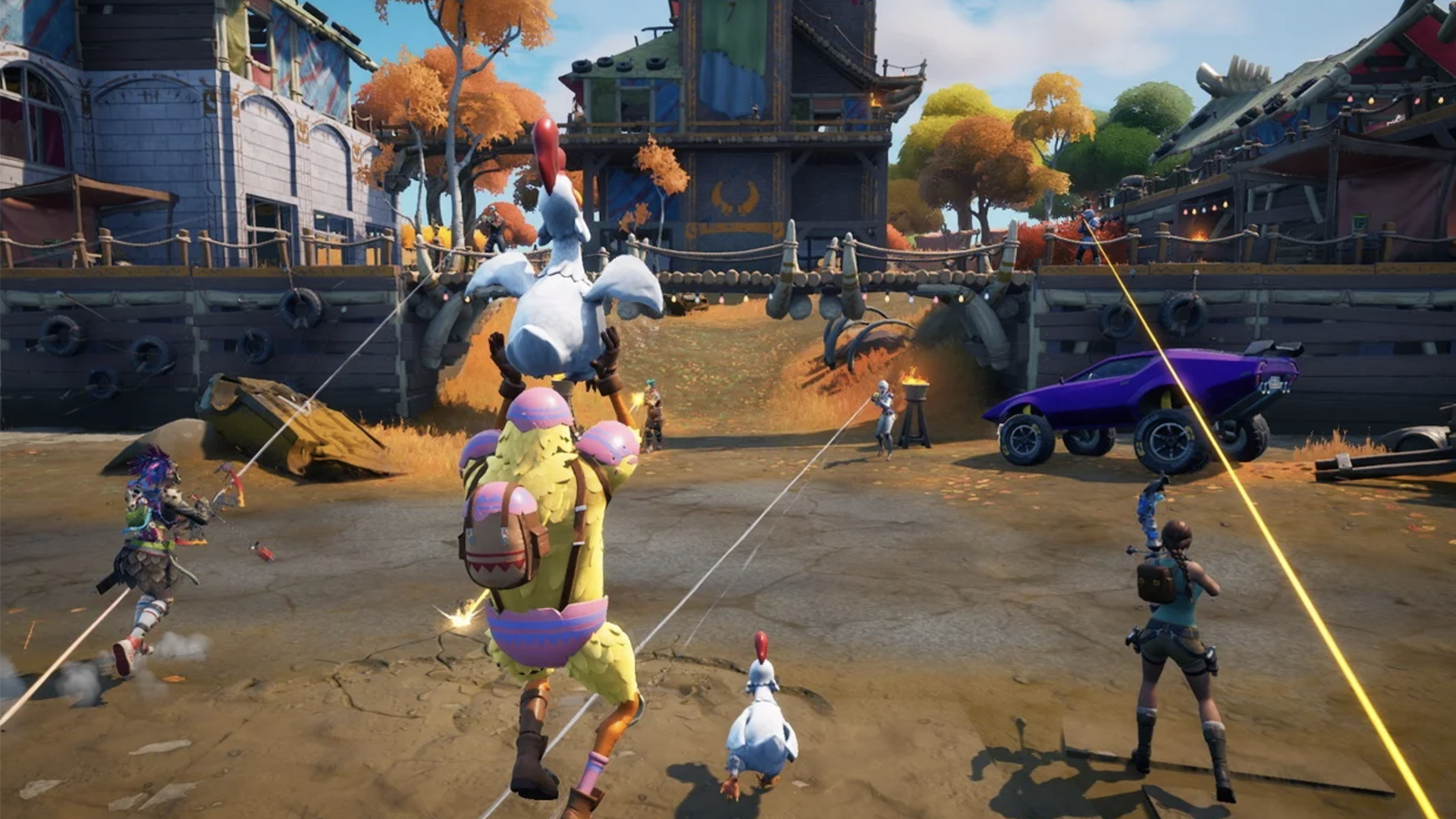 A Fortnite character in a chicken suit heads into battle