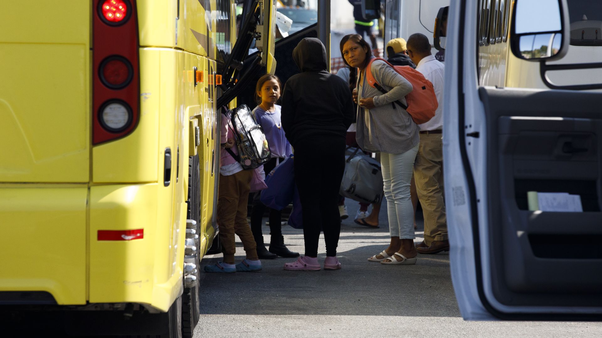 Venezuelan migrants gather at the Vineyard Haven ferry terminal in Martha's Vineyard on Sept. 16.