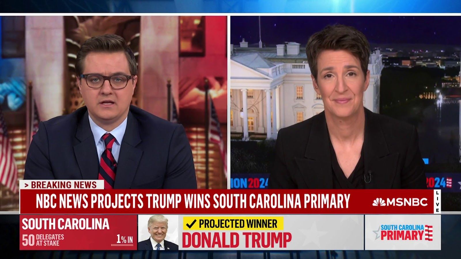 MSNBC's Chris Hayes and Rachel Maddow during last night's coverage. Photo: MSNBC 