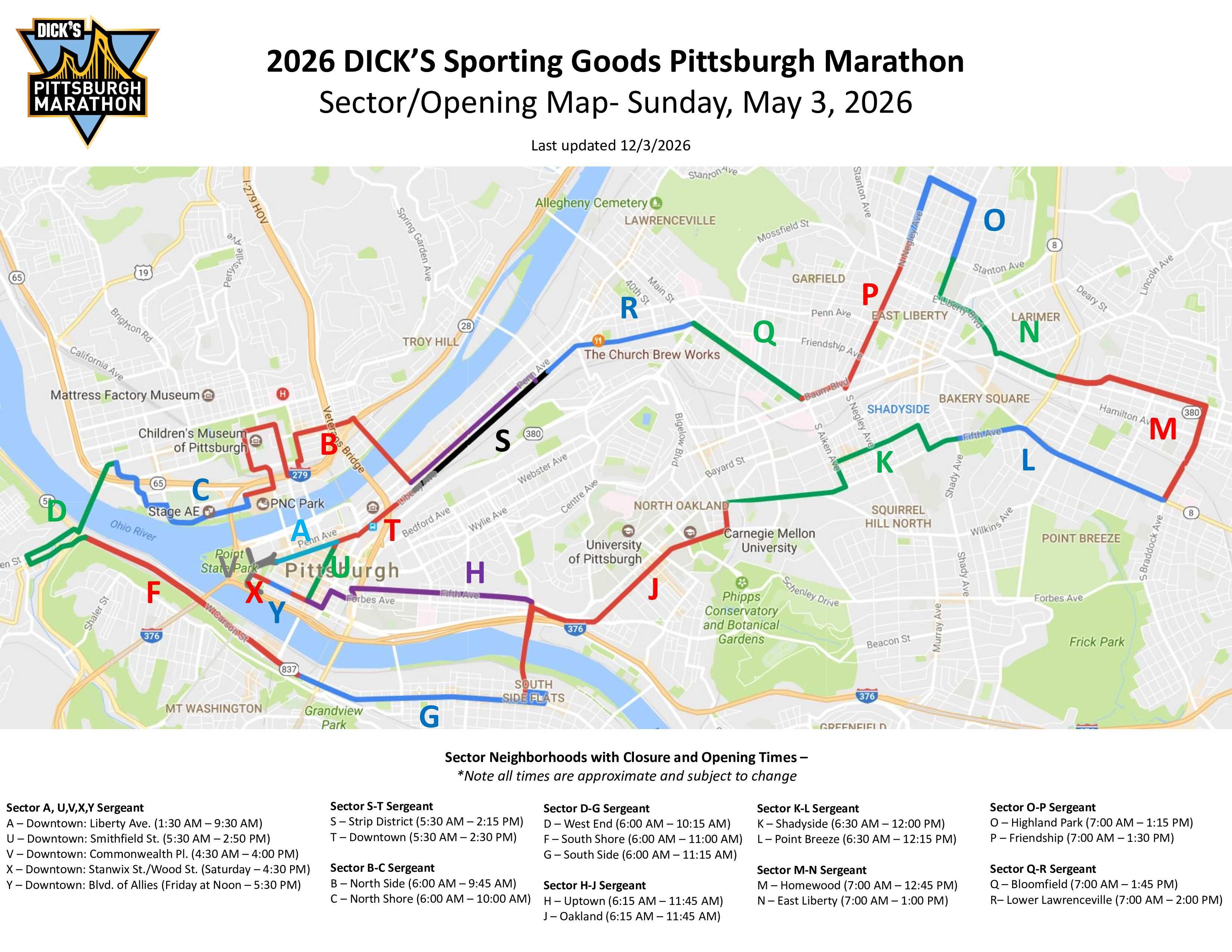 Map titled "2026 DICK'S Sporting Goods Pittsburgh Marathon Sector/Opening Map" shows color-coded sectors A–Z on a Pittsburgh map, with the race logo in the top-left.