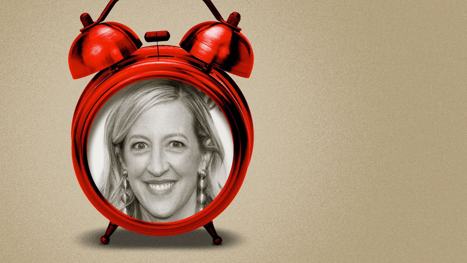 Photo illustration collage of Susan Tynan inside a red alarm clock.