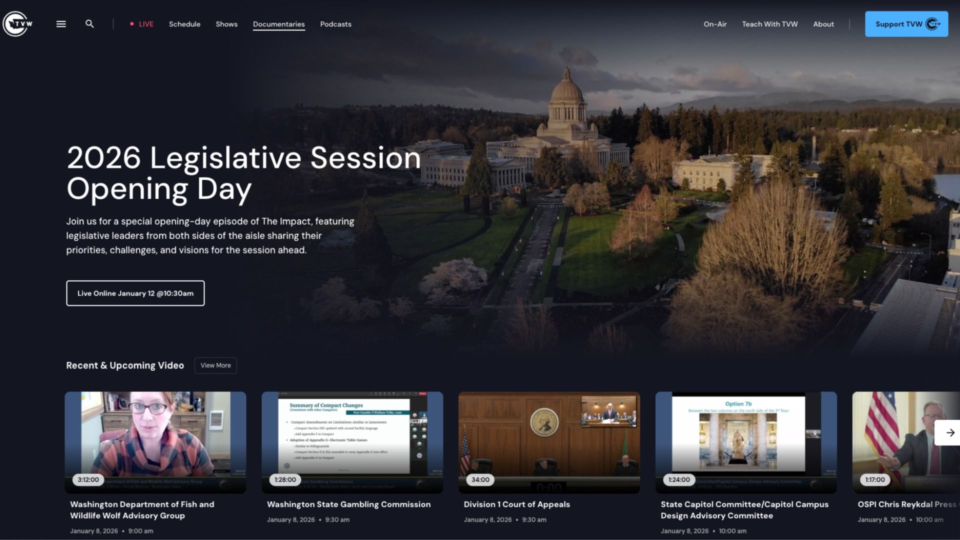 TVW website showing 2026 Legislative Session Opening Day with Capitol building image and a list of recent and upcoming videos on government topics.