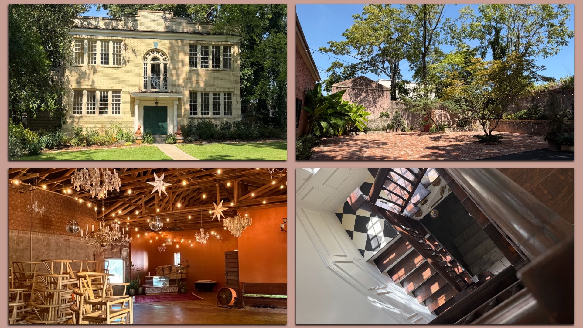 Four-photo collage: cream-yellow brick house with green door; brick courtyard with trees and string lights; indoor space with chandeliers and stacked chairs; stairwell with white walls and a checkered floor.