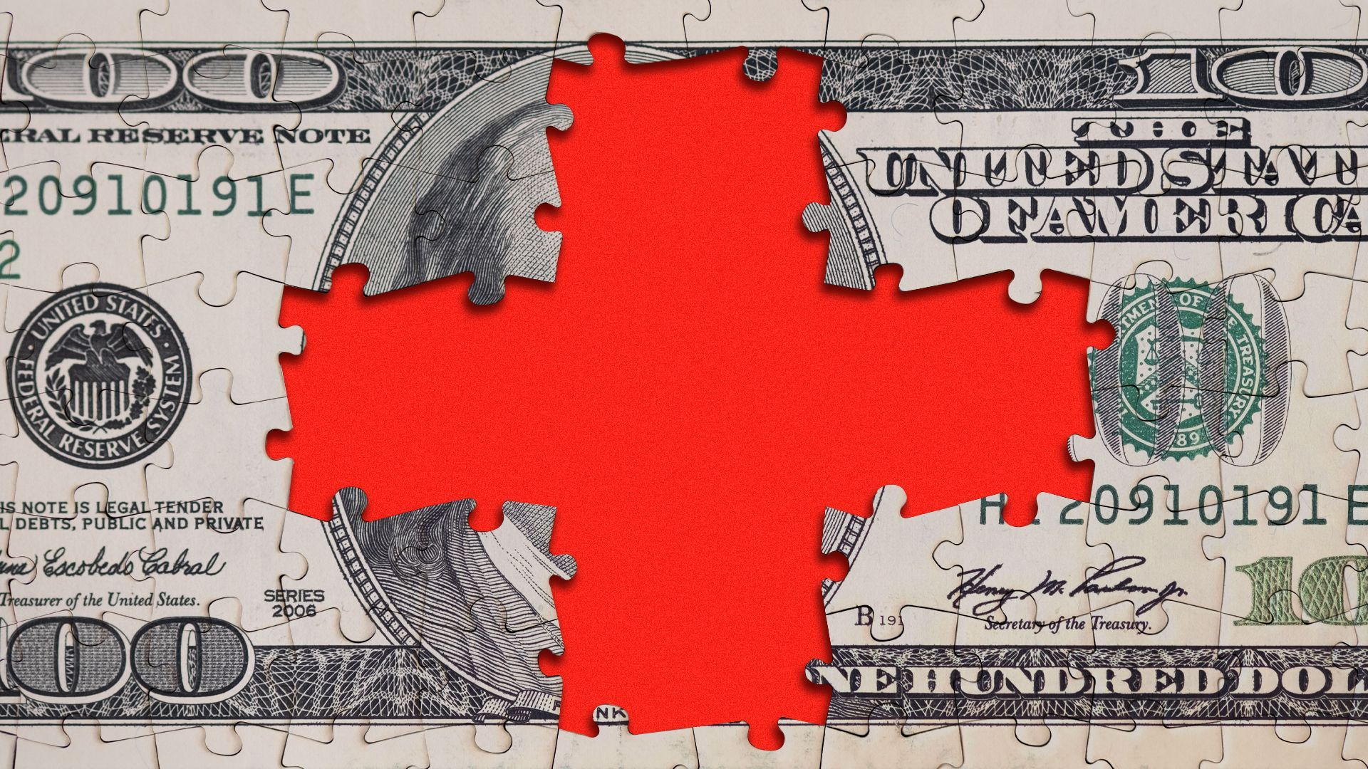 Illustration of a hundred dollar bill puzzle with pieces missing out of the center in the shape of a red cross
