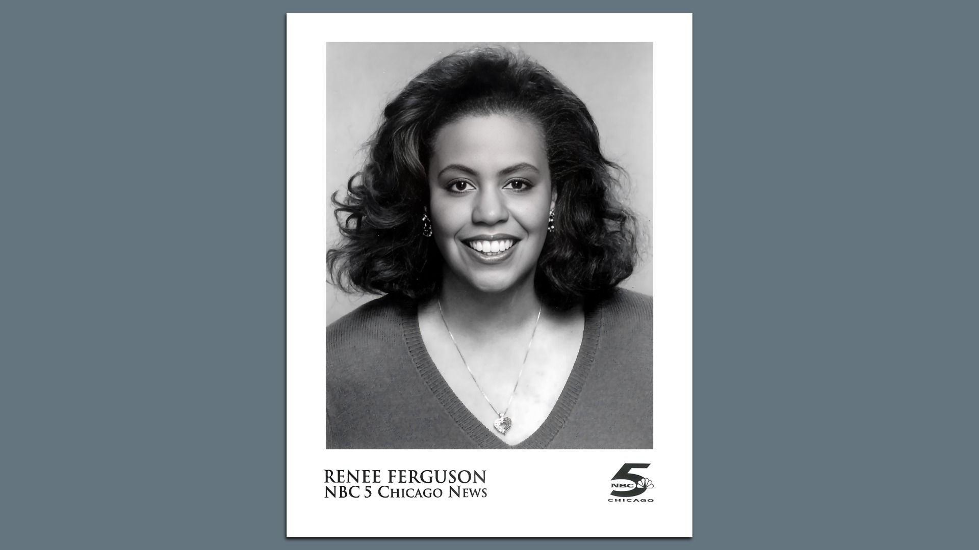 Black and white headshot of Renee Ferguson with shoulder-length hair, wearing a V-neck sweater and heart-shaped pendant necklace, labeled Renee Ferguson, NBC 5 Chicago News.