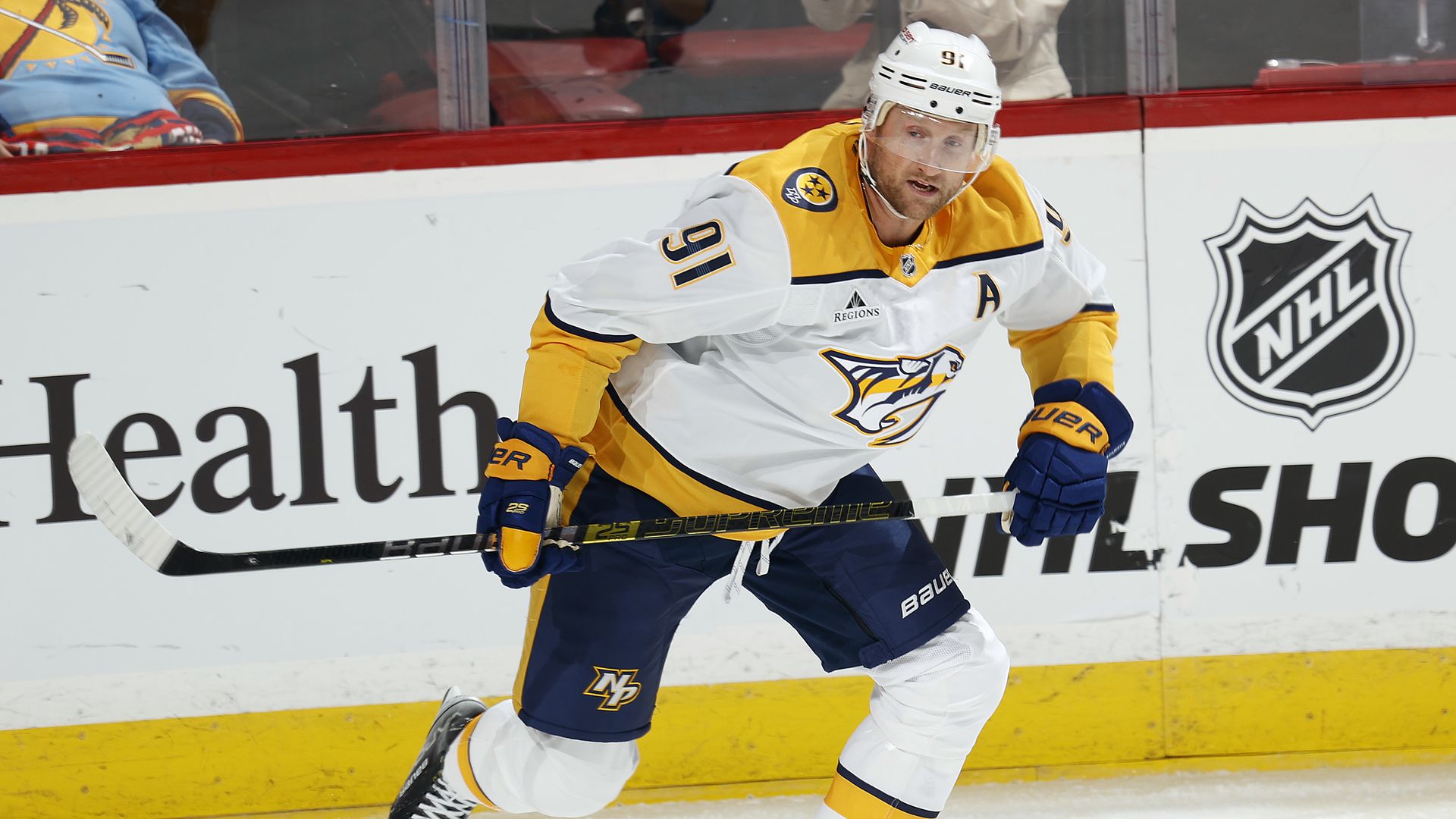 Steven Stamkos #91 of the Nashville Predators skates up ice against the Florida Panthers during a preseason game at the Amerant Bank Arena on September 22, 2024 in Sunrise, Florida.