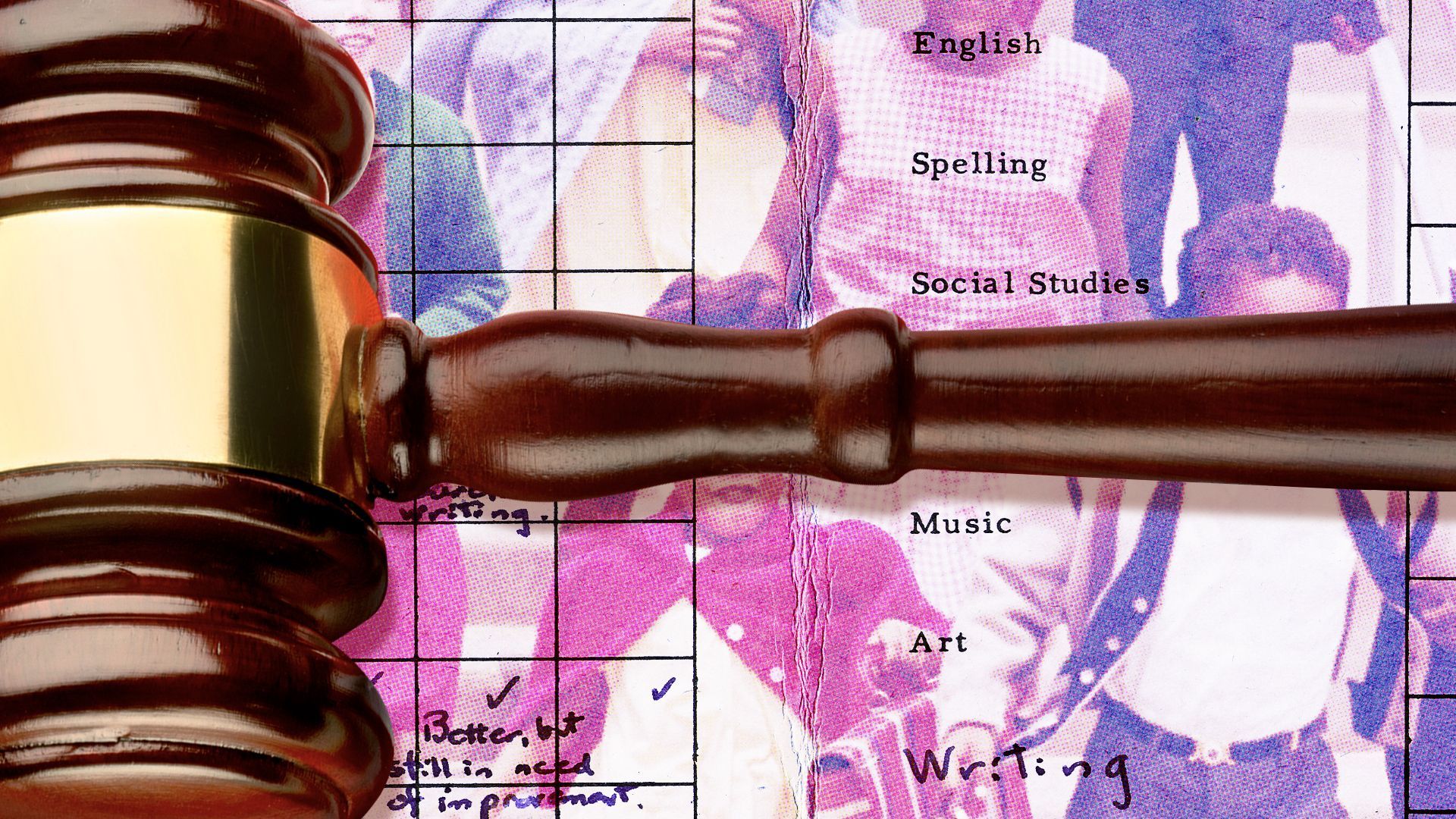 Illustration of a gavel sitting atop a vintage photo of school children and a report card