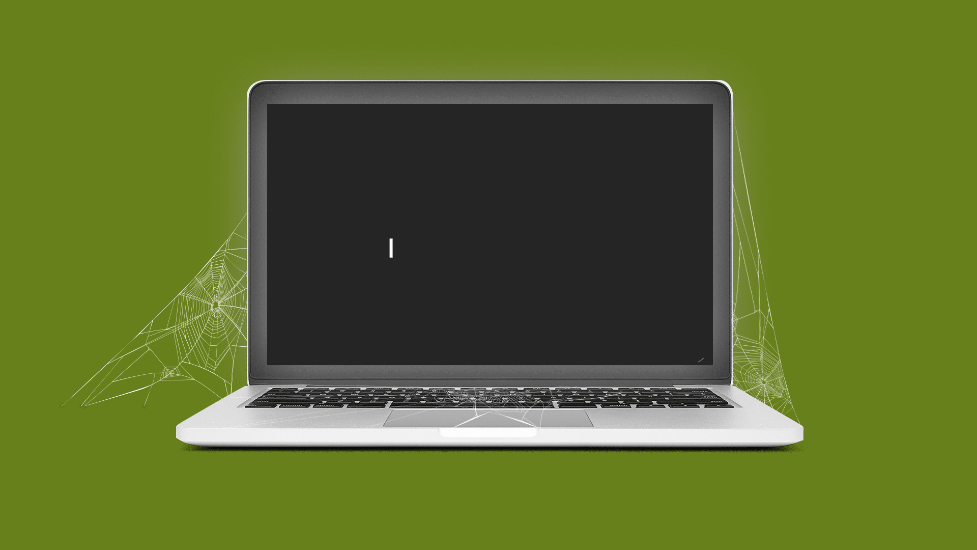 Illustration of a laptop with a blinking cursor, cobwebs cover the laptop.  