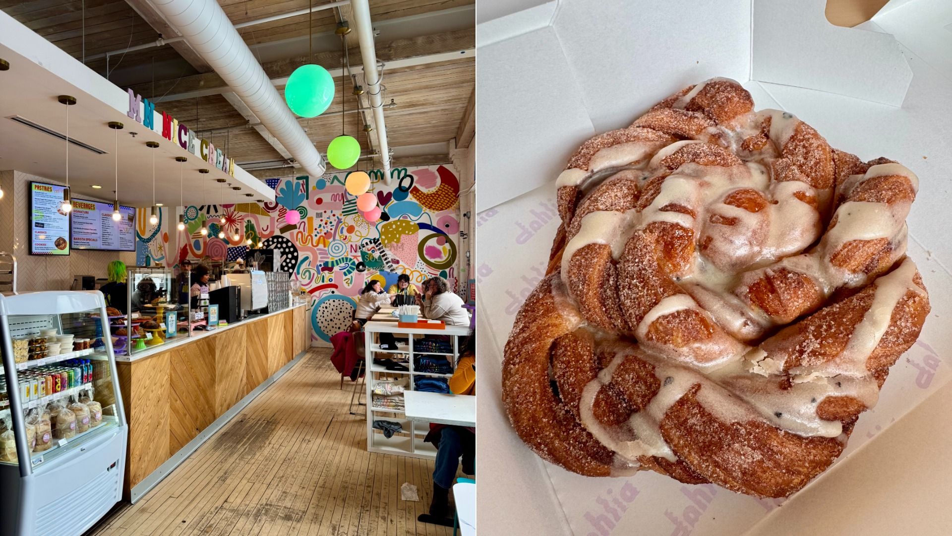 Inside a colorful ice cream shop with a vibrant mural and hanging balloons, alongside a close-up of a cinnamon pastry drizzled with icing in a white box.