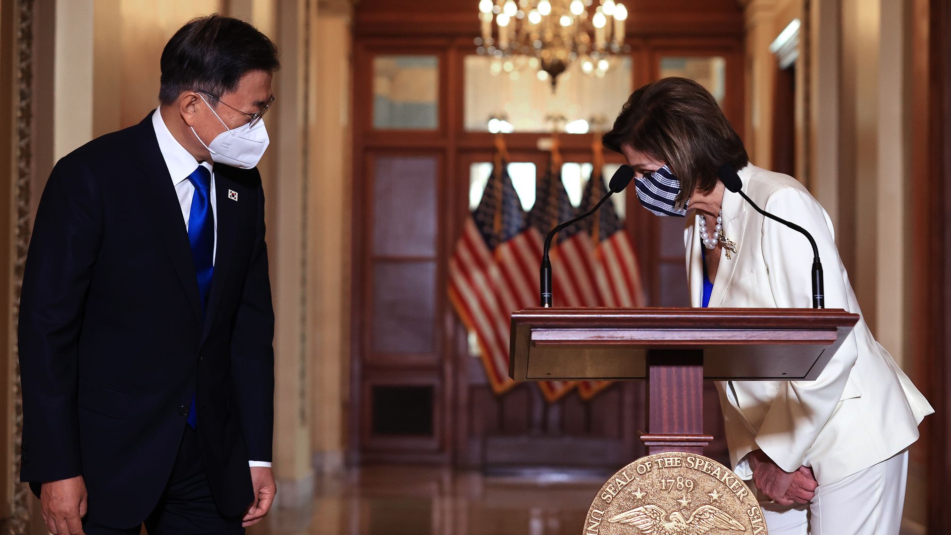 House Speaker Nancy Pelosi is seen bowing to ROK President Moon as he visited the U.S. Capitol.