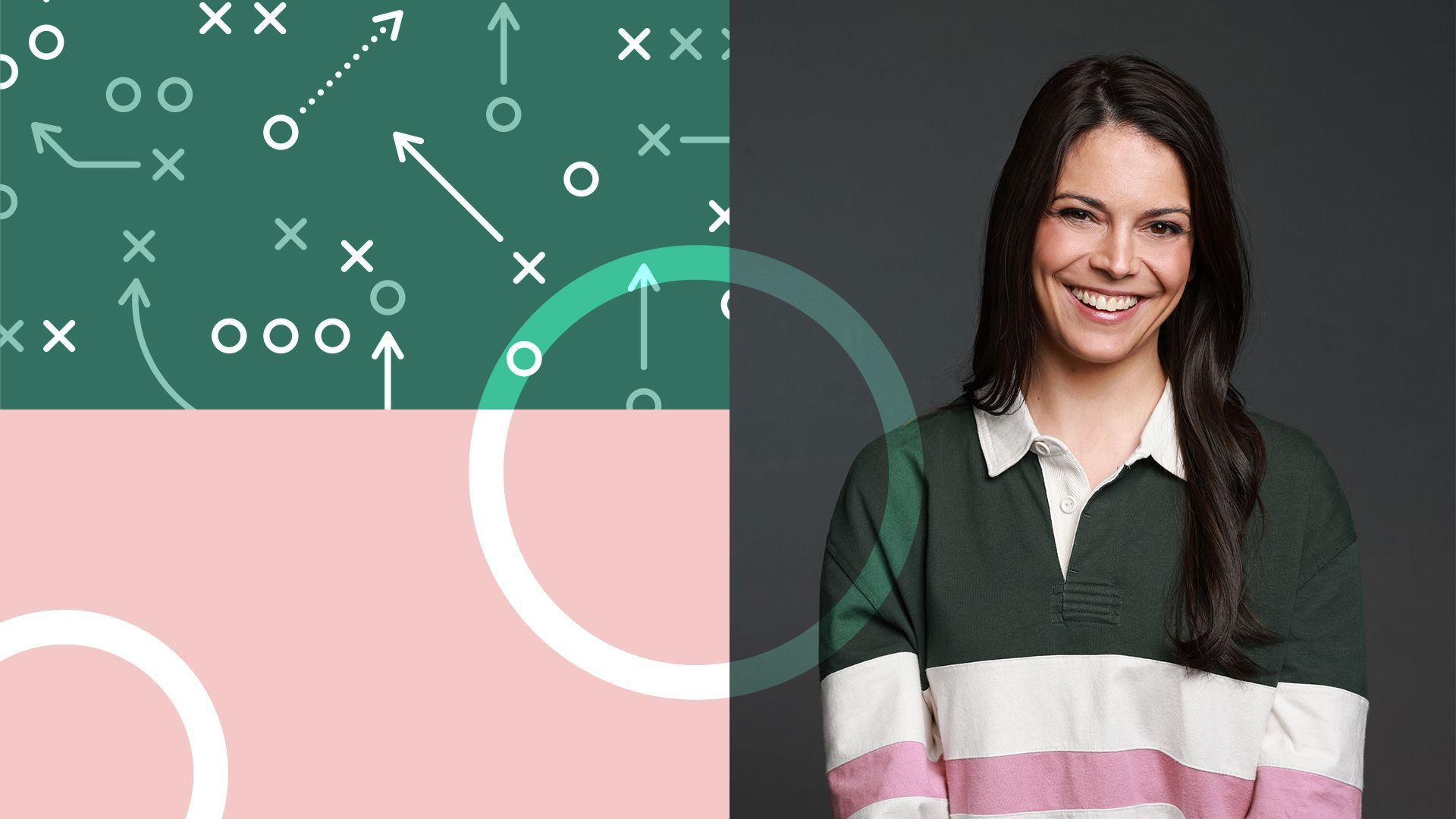 Photo illustration of Katie Nolan and an X and O pattern.
